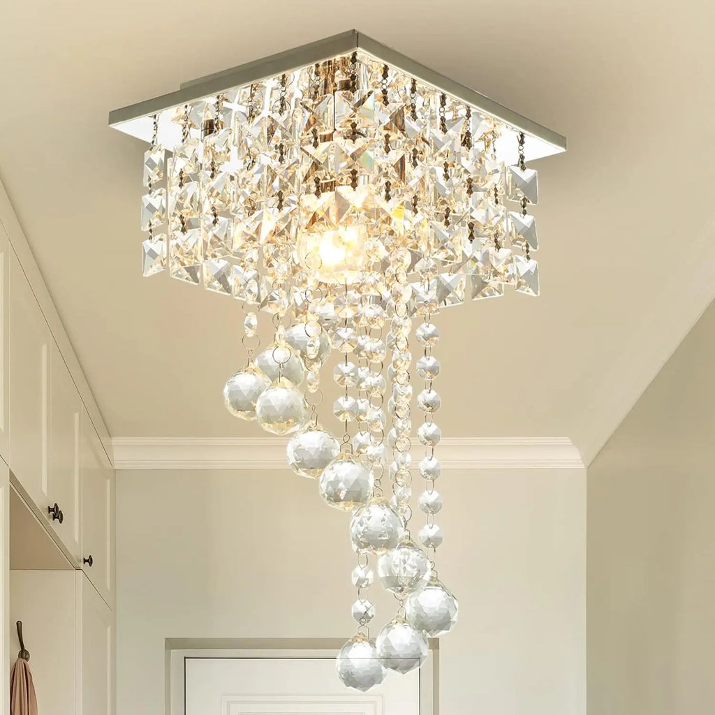 Mini K9 Crystal Chandelier — 7.9" Square Flush Mount Ceiling Light, E26, Stainless Steel, UL Listed