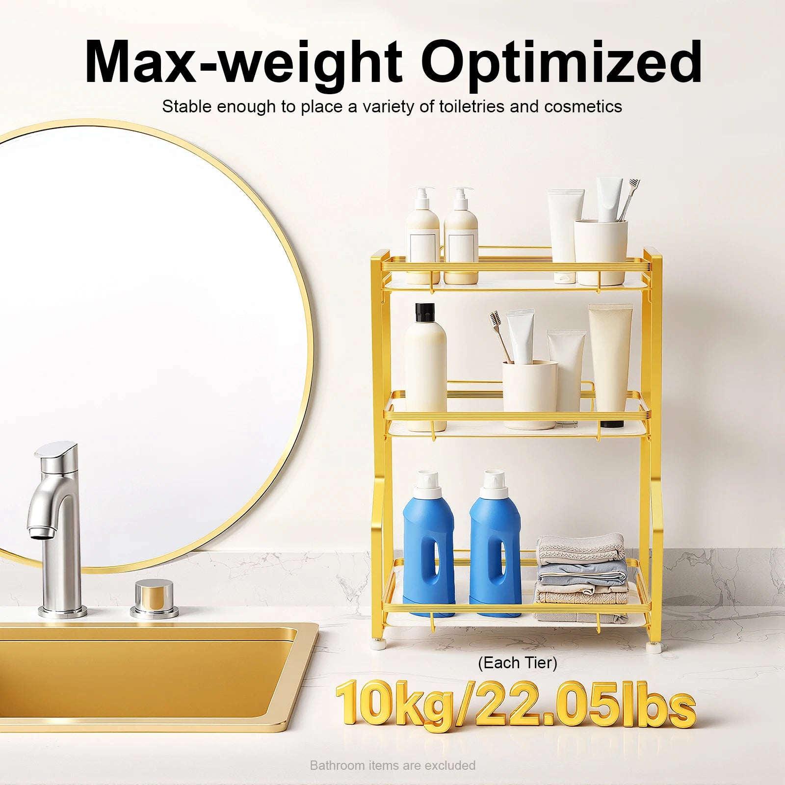 3-Tier Bathroom Countertop Organizer 22.05LBS/ Tier Gold Storage Shelf for Toiletries Cosmetics