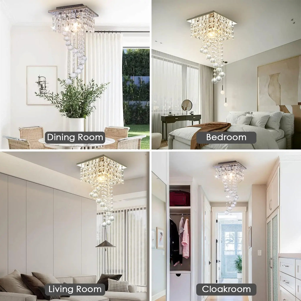 Mini K9 Crystal Chandelier — 7.9" Square Flush Mount Ceiling Light, E26, Stainless Steel, UL Listed