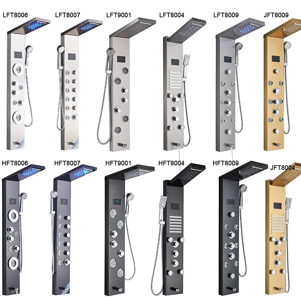 Luxury Black/Brushed Bathroom Shower Faucet LED Shower Panel Column Bathtub Mixer Tap With Hand Shower Temperature Screen