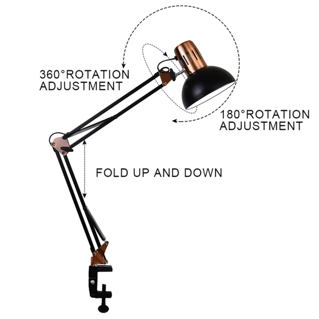 Vintage Clamp Desk Lamp – Foldable Telescopic Arm, 60–180cm Height, E27 for Studio, Reading & Nail Art