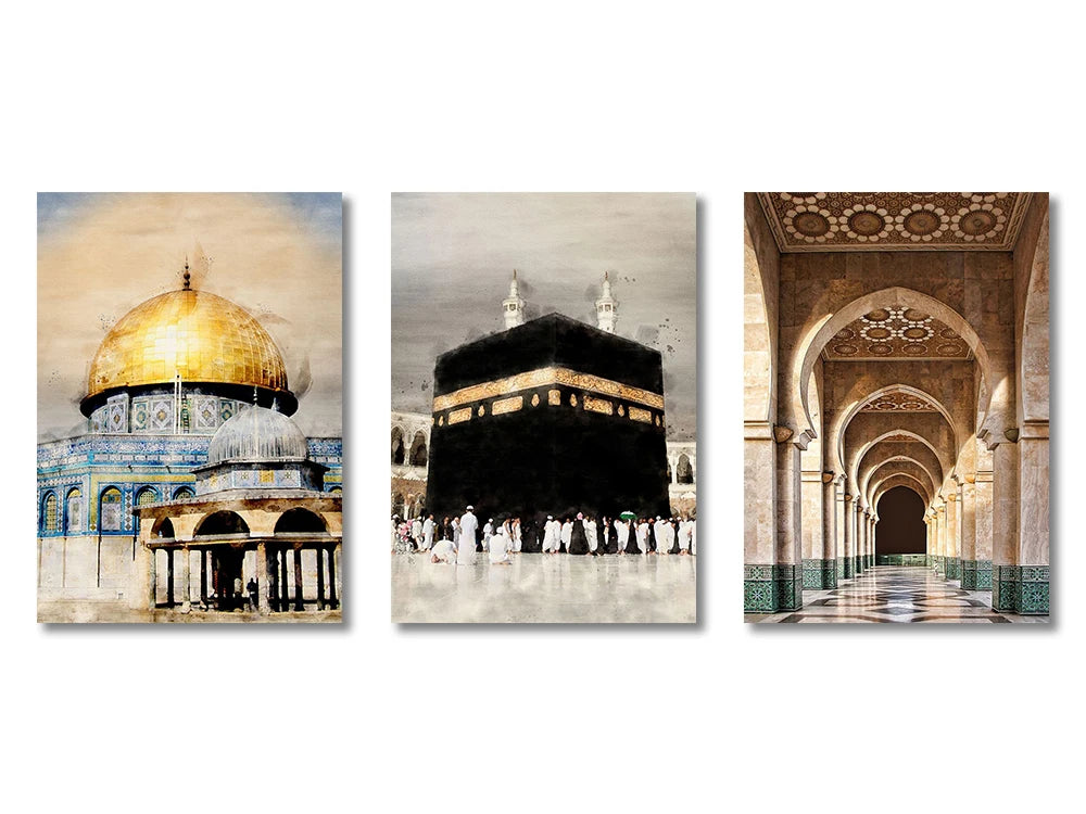 3PCS Ayatul Kursi Quran Islamic Gold Beige Black Canvas Painting Muslim Wall Art Print Picture For Living Room Home Decor