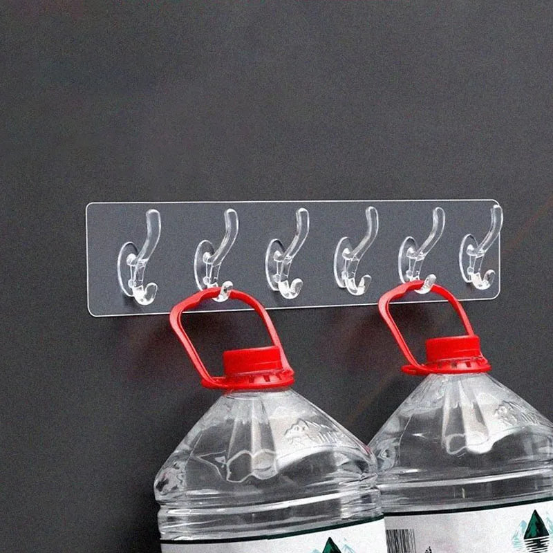 Transparent Multi-Hook Wall Organiser Rack - Seamless Adhesive Hanger for Bathroom, Kitchen & Hallway
