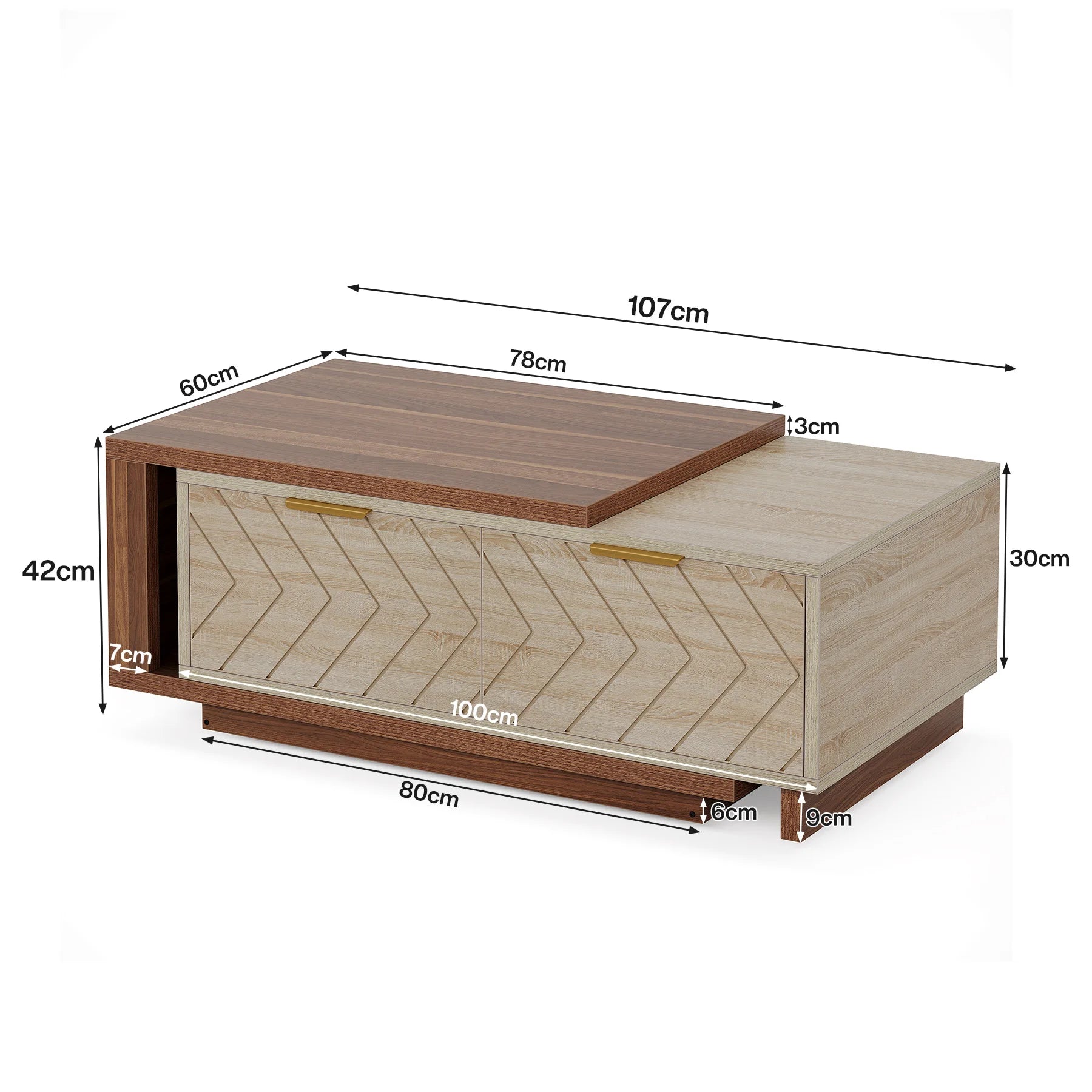 Extendable Coffee Table 42"–65" | Dual-Tone Walnut & Oak, 2 Drawers, Brass Hardware — Minimalist Modern