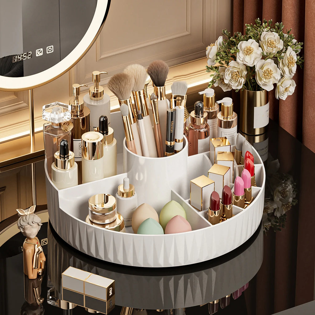 360° Rotating Makeup Organizer — Multi-Compartment Storage for Lipstick, Brushes & Skincare