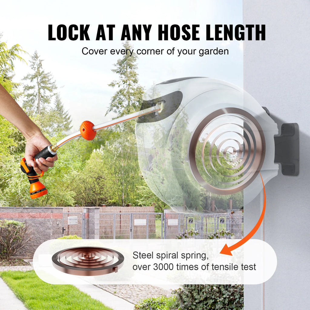 SucceBuy Retractable Garden Hose Reel – 65ft, Wall-Mounted, 180° Swivel, Auto Rewind & 9-Pattern Nozzle