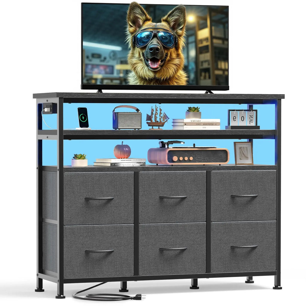 JHK TV Stand with 6 Fabric Drawers & LED Lights — Fits Up to 45" TV, Charging Station, Wood Top