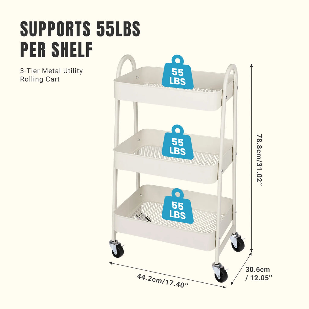 JHK 3-Tier Metal Rolling Storage Cart – Lockable Wheels, Mesh Shelves & Slim Design for Kitchen, Bathroom & Office