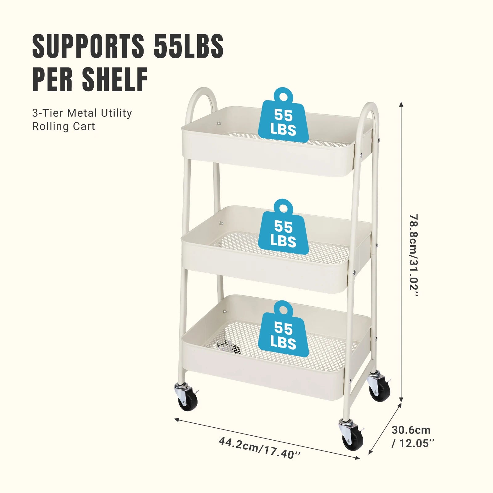 JHK 3-Tier Metal Rolling Storage Cart – Lockable Wheels, Mesh Shelves & Slim Design for Kitchen, Bathroom & Office