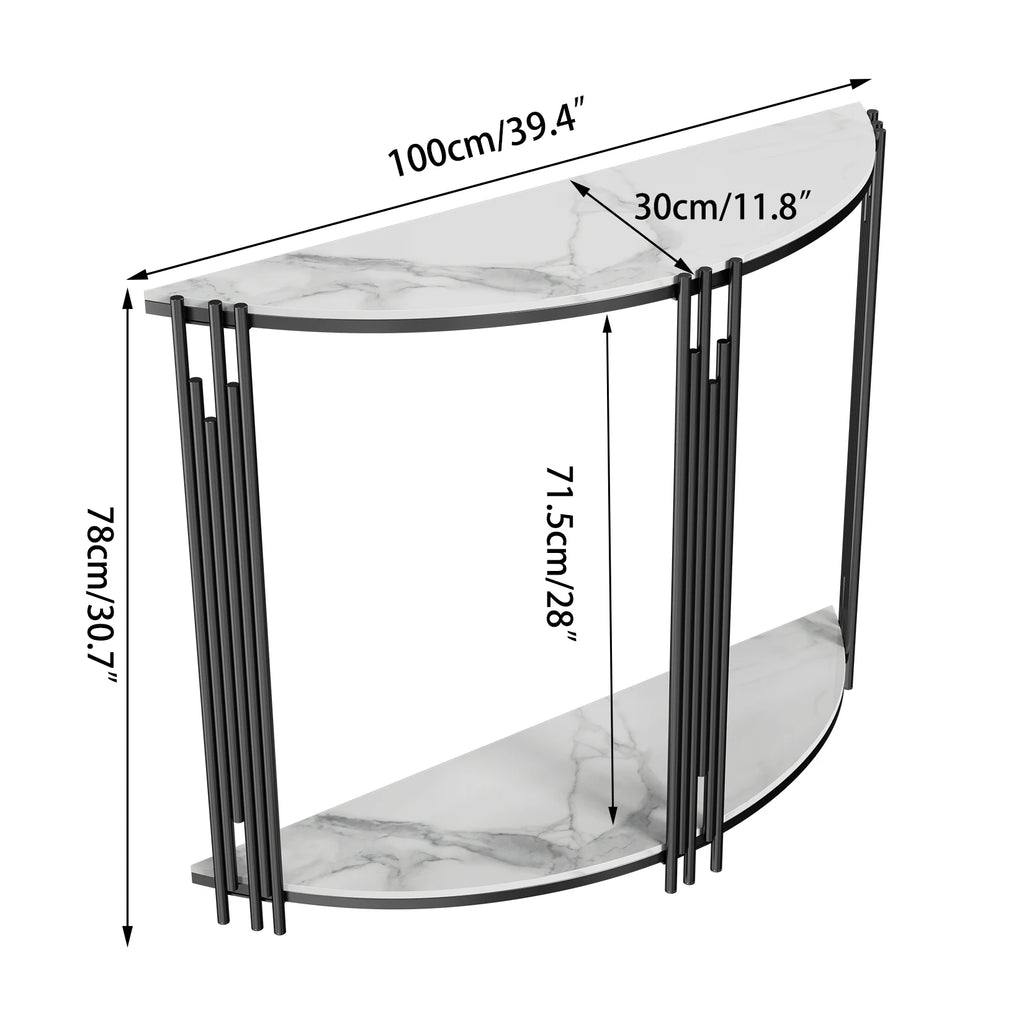 Half-Moon Console Table — 2-Tier Sintered Stone Top, Black Iron Base, Entryway & Hallway