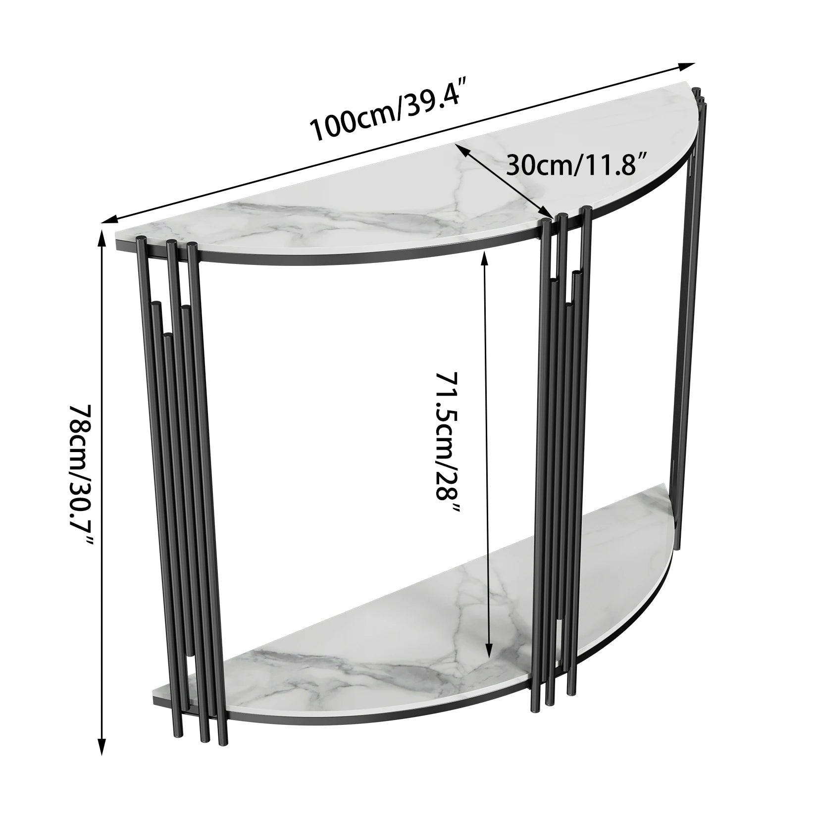 Half-Moon Console Table — 2-Tier Sintered Stone Top, Black Iron Base, Entryway & Hallway