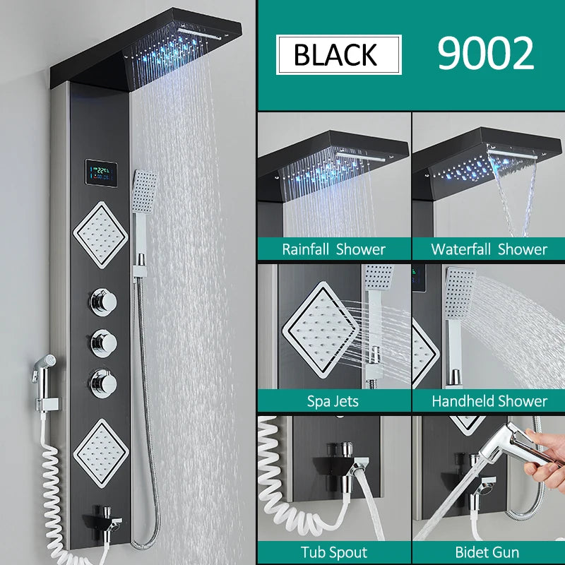 6-Function LED Shower Panel — Rain, Waterfall, Massage Jets, Bidet & More | Brushed Black Nickel