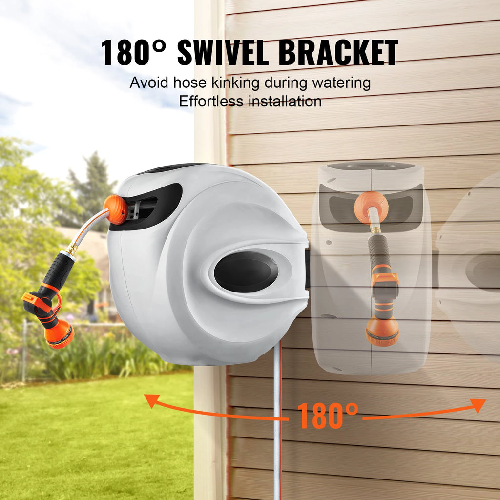 SucceBuy Retractable Garden Hose Reel – 65ft, Wall-Mounted, 180° Swivel, Auto Rewind & 9-Pattern Nozzle