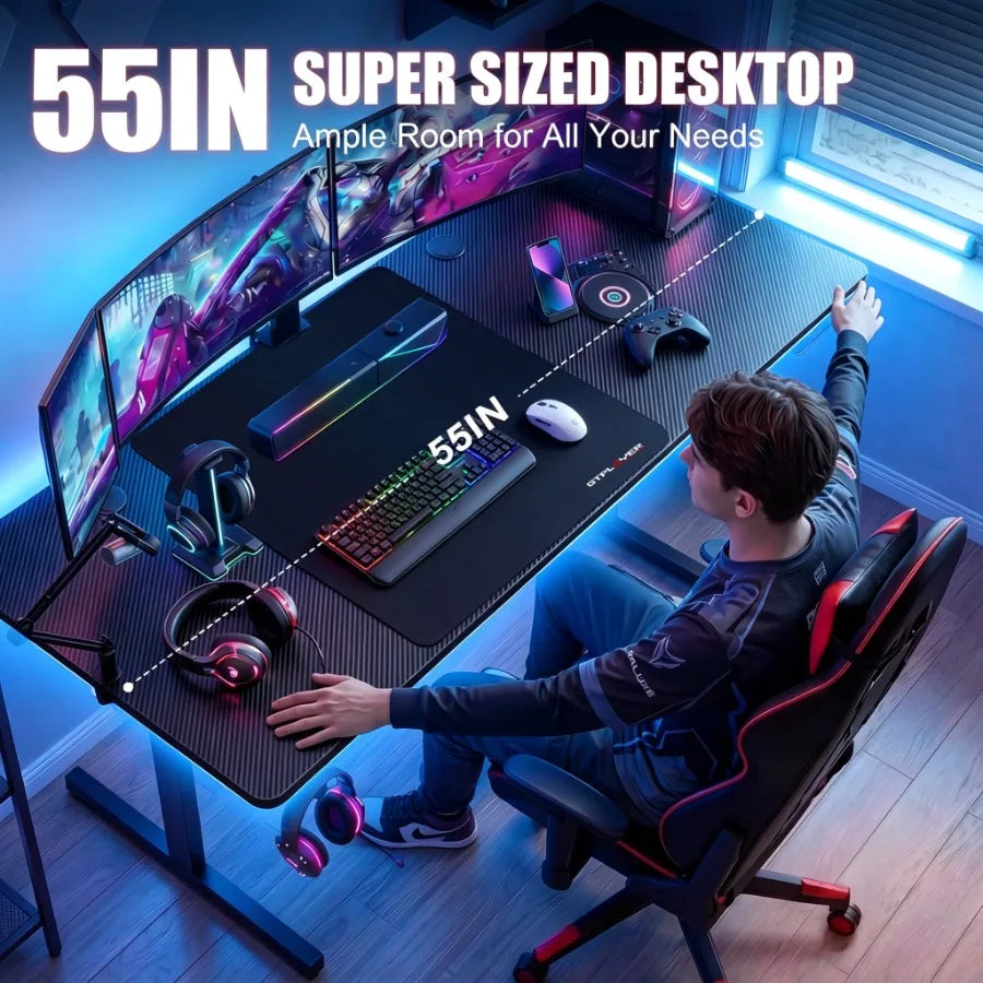 55" Gaming Desk with Smart APP and Remote RGB Lights Carbon Fiber Surface Computer Table with Full Mouse Pad and Headphone Hook