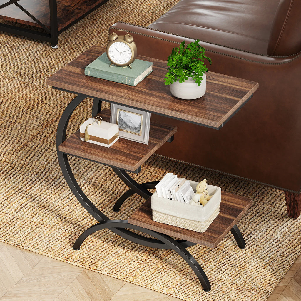 Tribesigns C-Shaped End Table with 3-Tier Storage Shelves | Industrial Sofa Side Table