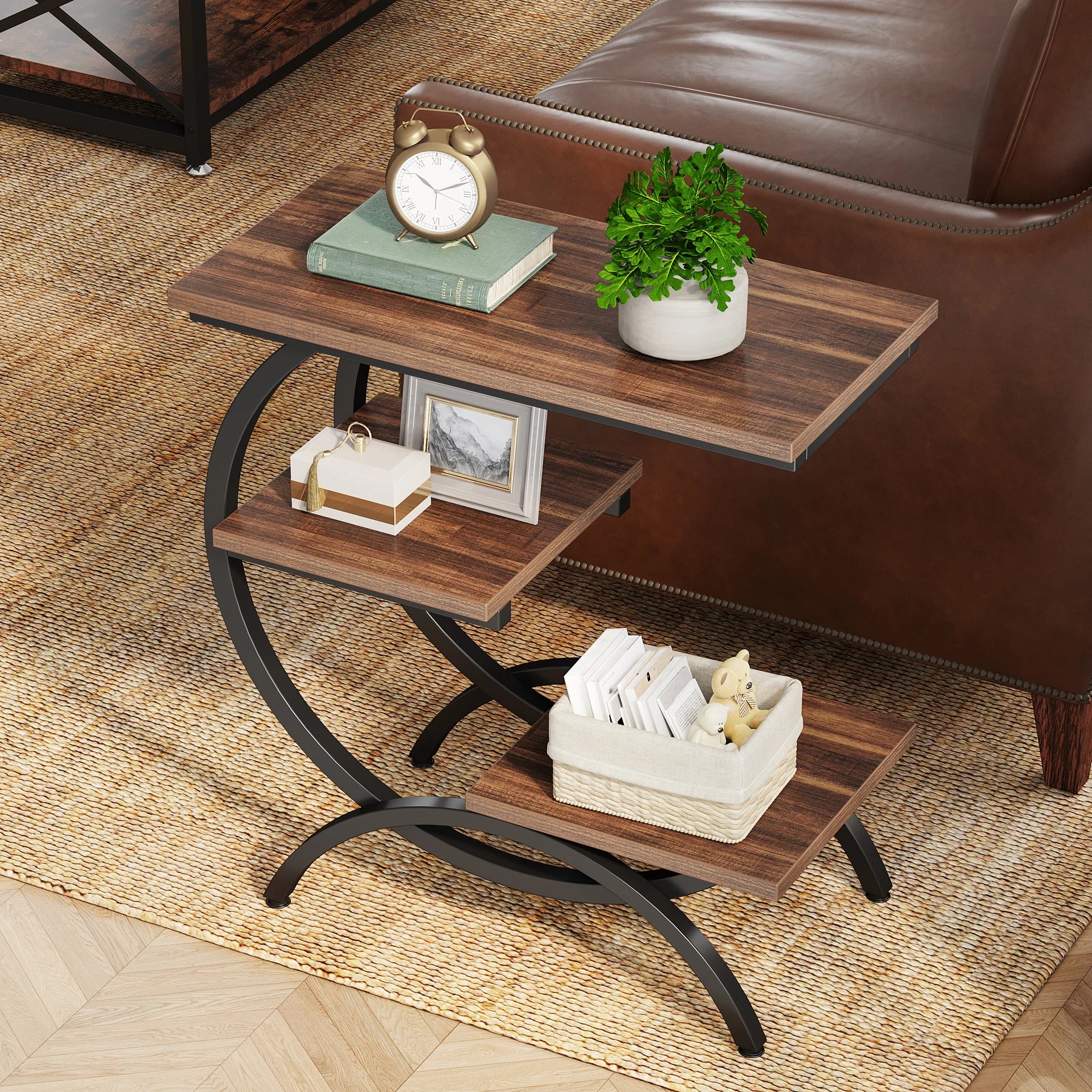 Tribesigns C-Shaped End Table with 3-Tier Storage Shelves | Industrial Sofa Side Table