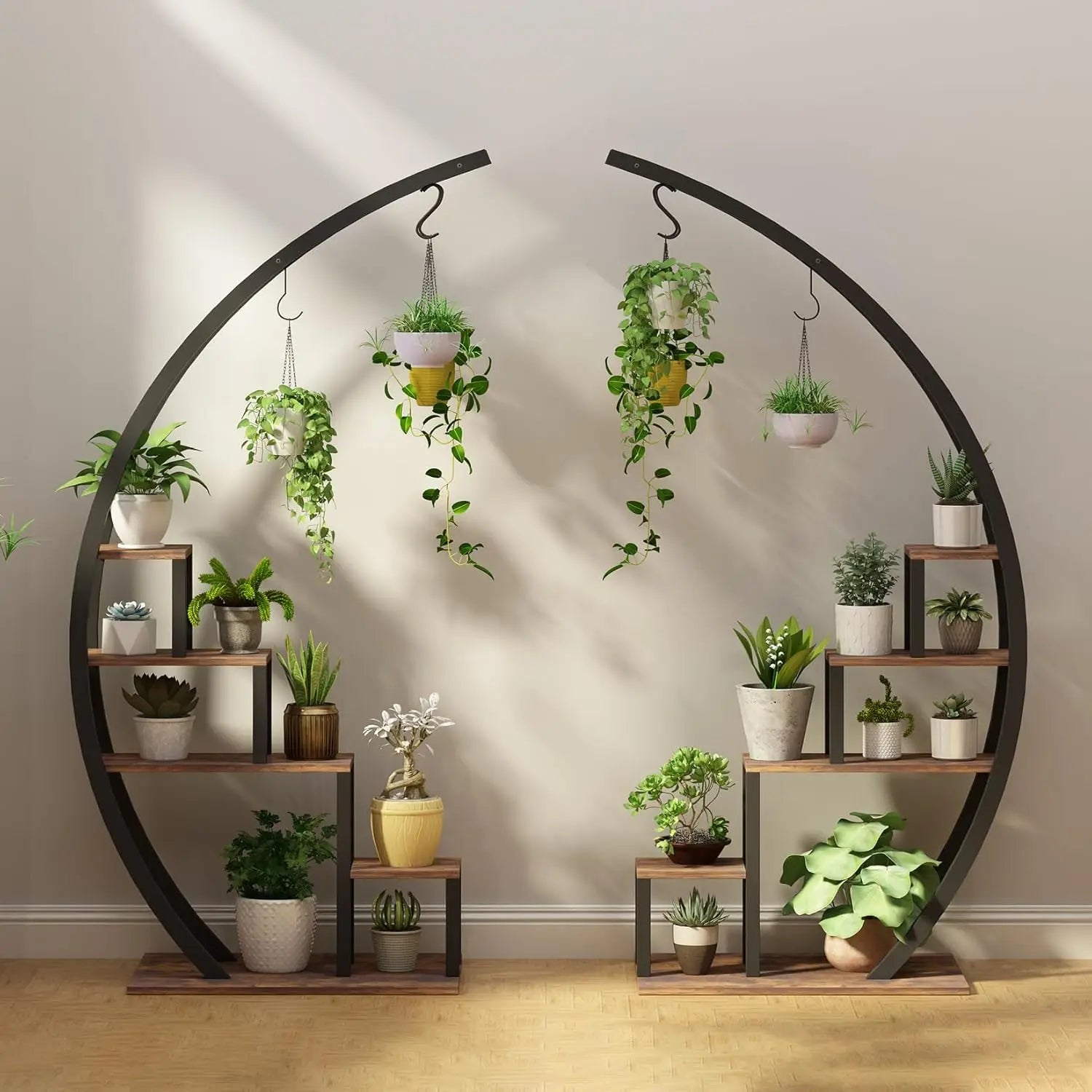TWISTER.CK 5-Tier Half Moon Plant Stand – Set of 2, Metal & MDF Indoor Flower Shelf Rack for Home, Patio & Living Room