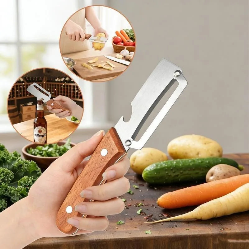 2-Pack 2-in-1 Vegetable & Fruit Peeler with Bottle Opener — Stainless Steel Blade, Wooden Handle, Zero Snag