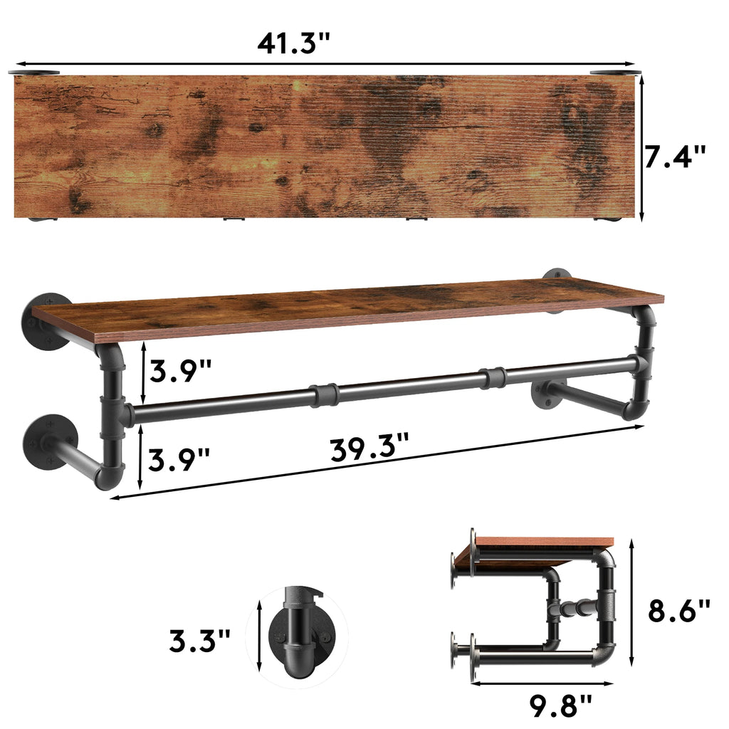 Wall Mounted Industrial Pipe Clothes Rack with Wood Shelf