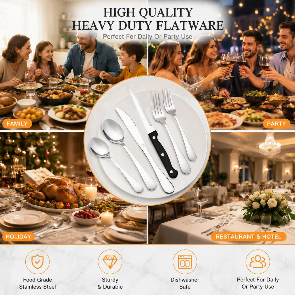 24-Piece Mirror Polished Stainless Steel Flatware Set — Service for 4 with Steak Knives, Dishwasher Safe