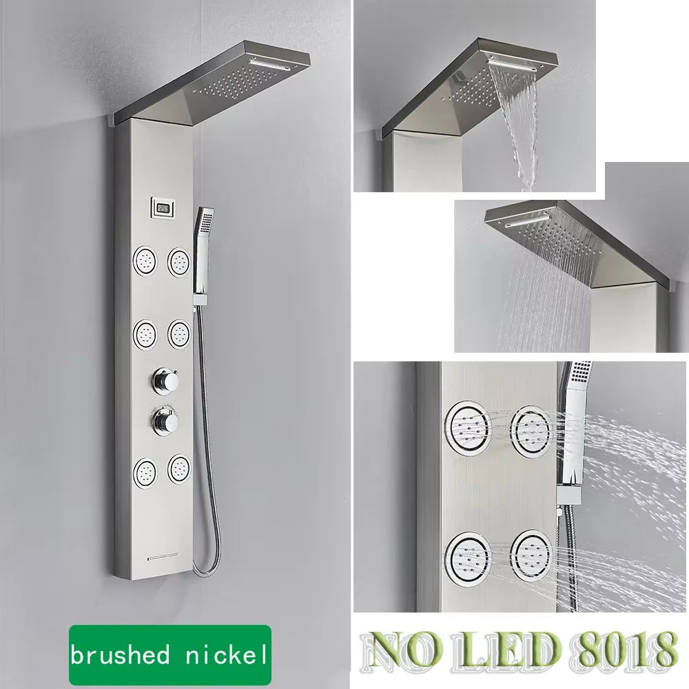 Black/Brushed Stainless Steel 5-function Waterfall Rain Shower Panel with Massage System Tub Spout and Handshower Shower Column