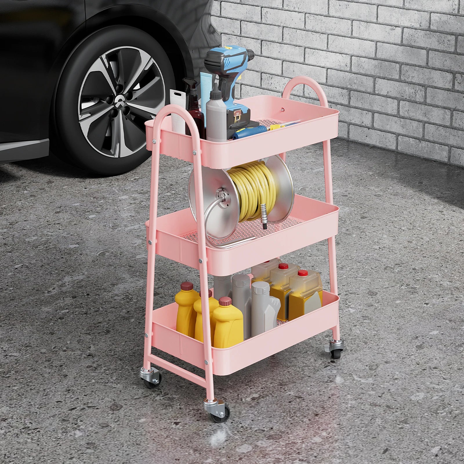 JHK 3-Tier Metal Rolling Storage Cart – Lockable Wheels, Mesh Shelves & Slim Design for Kitchen, Bathroom & Office