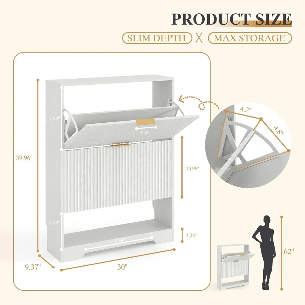 Slim Fluted Shoe Cabinet with 2 Flip Drawers — Hidden Storage, Adjustable Shelves, Anti-Tip, 30"W