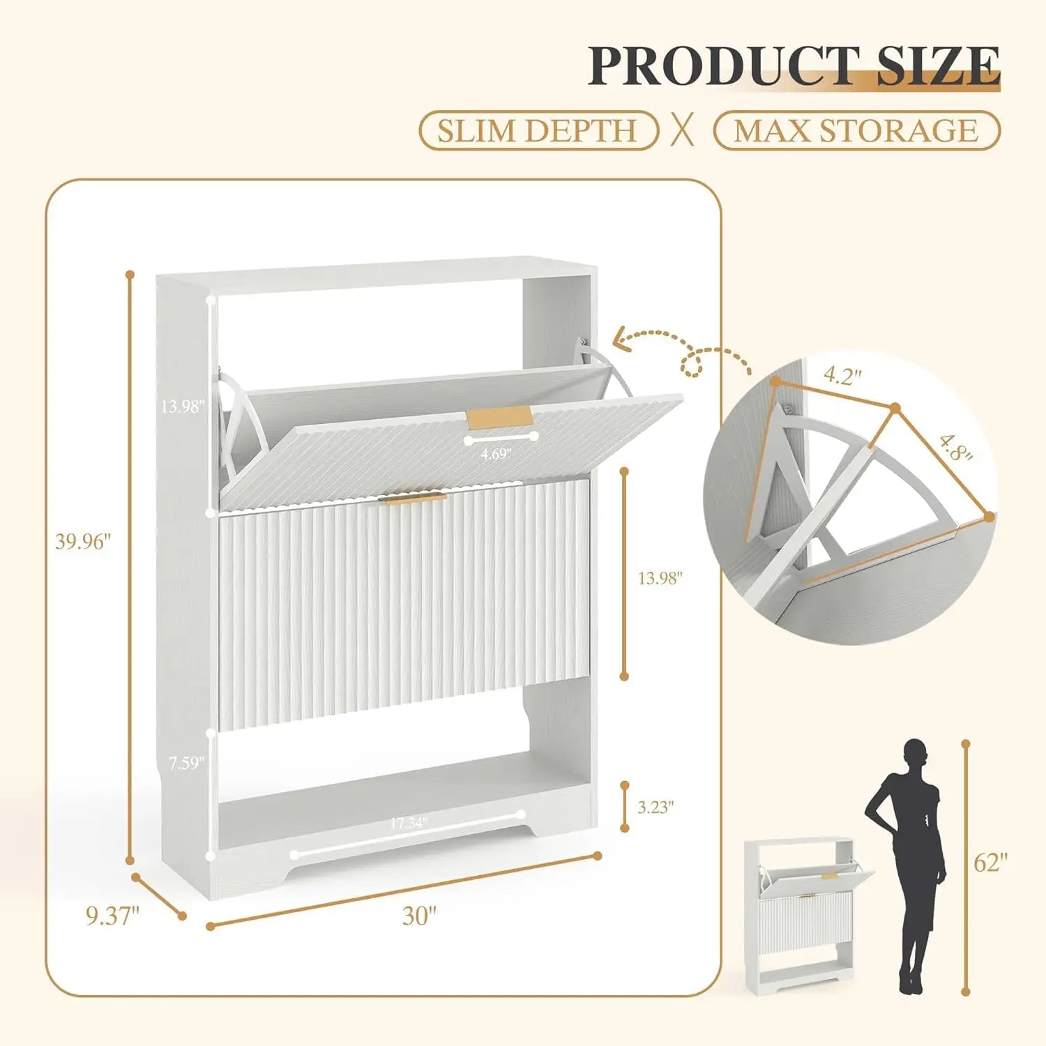 Slim Fluted Shoe Cabinet with 2 Flip Drawers — Hidden Storage, Adjustable Shelves, Anti-Tip, 30"W