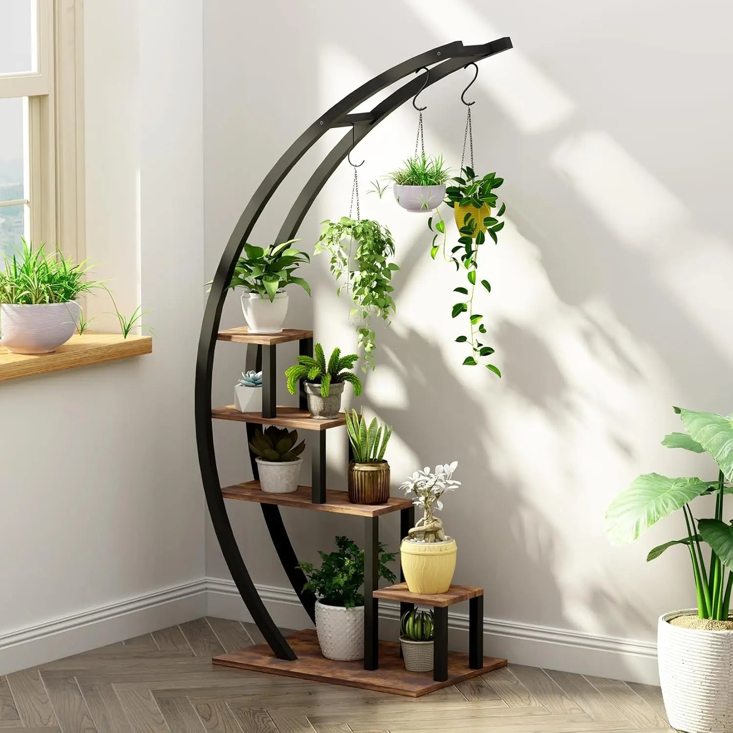 TWISTER.CK 5-Tier Half Moon Plant Stand – Set of 2, Metal & MDF Indoor Flower Shelf Rack for Home, Patio & Living Room