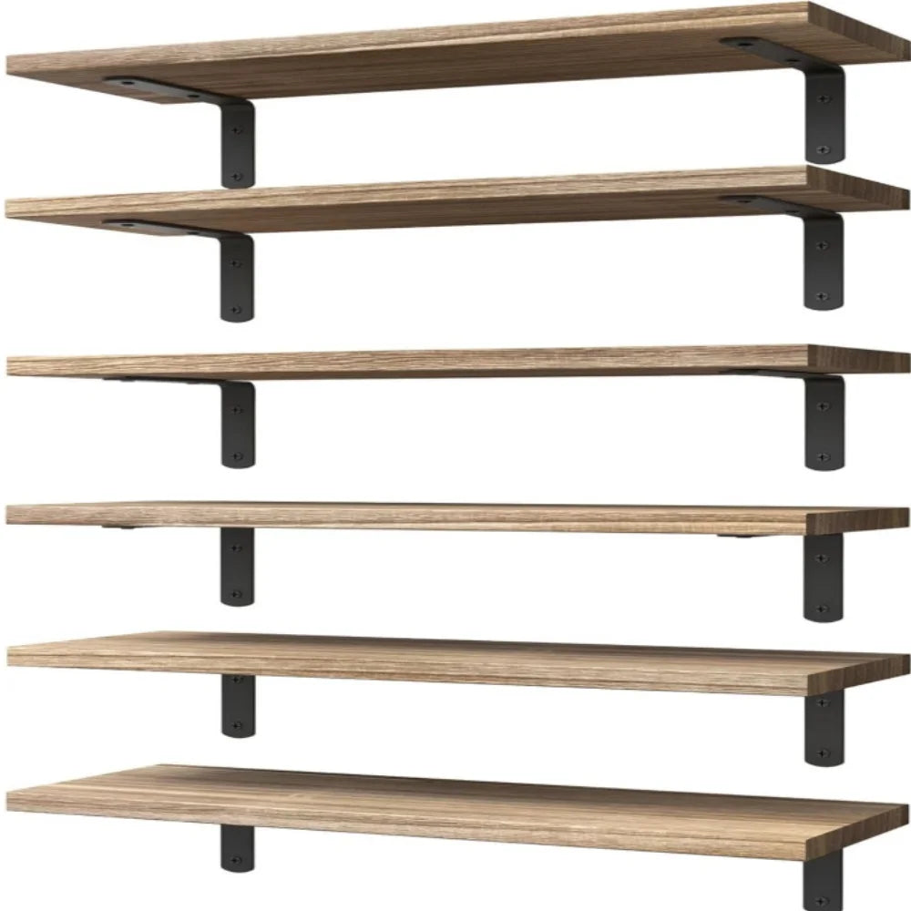 Wood Floating Shelves Set of 6 | Farmhouse Wall Shelves for Bedroom, Bathroom & Living Room