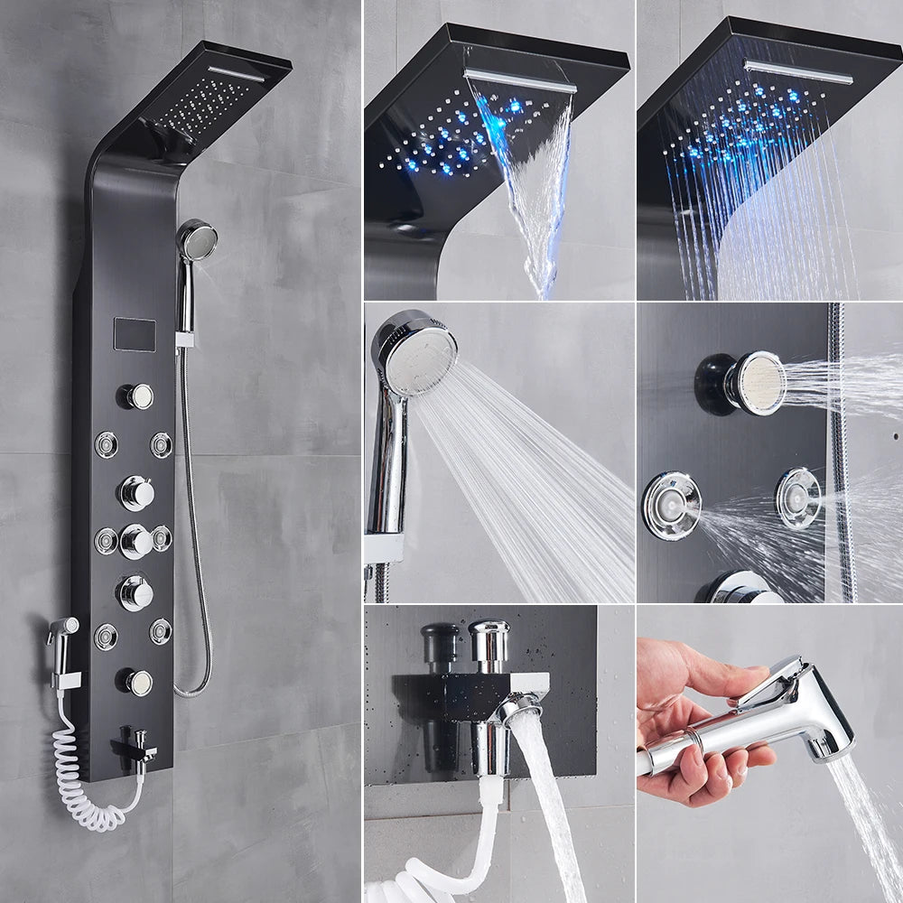 Luxury Black/Brushed Bathroom Shower Faucet LED Shower Panel Column Bathtub Mixer Tap With Hand Shower Temperature Screen