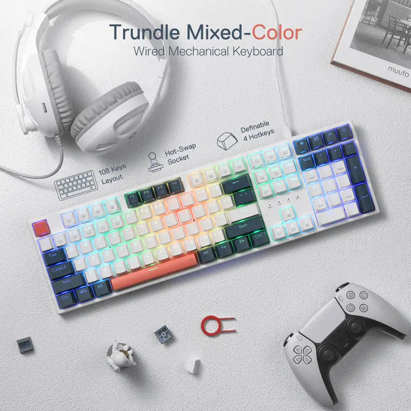 Redragon K668 RGB Gaming Keyboard, 108 Keys Wired Mechanical Keyboard w/Extra 4 Hotkeys Upgraded Hot-swappable Socket，Red Switch