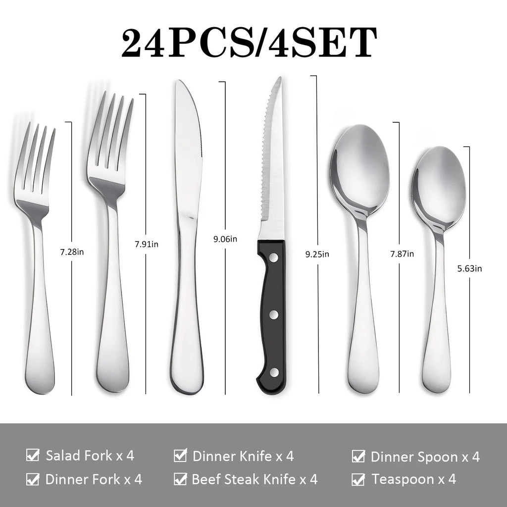 24-Piece Mirror Polished Stainless Steel Flatware Set — Service for 4 with Steak Knives, Dishwasher Safe