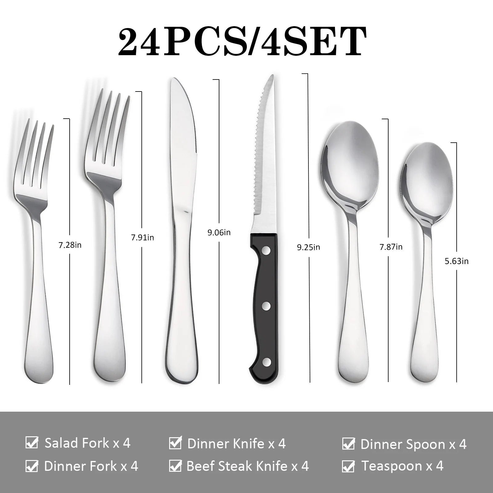 24-Piece Mirror Polished Stainless Steel Flatware Set — Service for 4 with Steak Knives, Dishwasher Safe