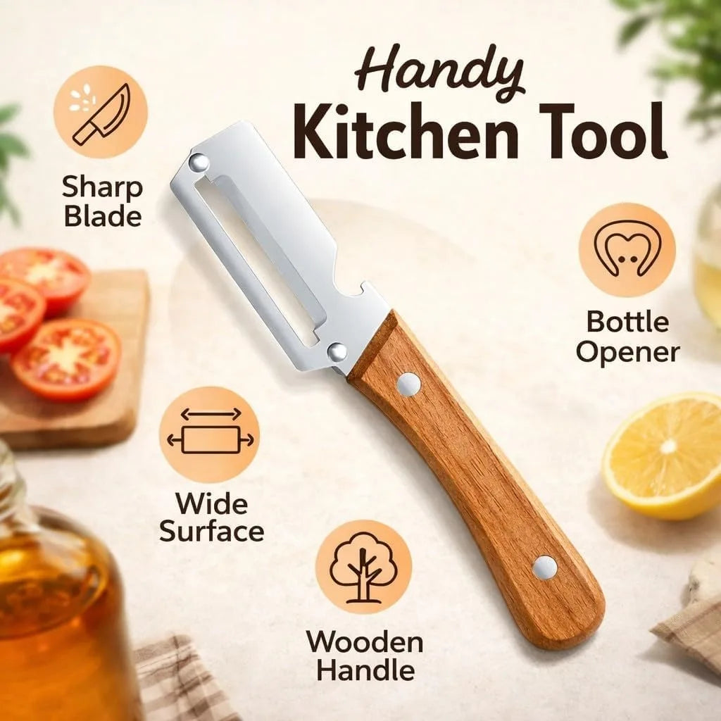 2-Pack 2-in-1 Vegetable & Fruit Peeler with Bottle Opener — Stainless Steel Blade, Wooden Handle, Zero Snag