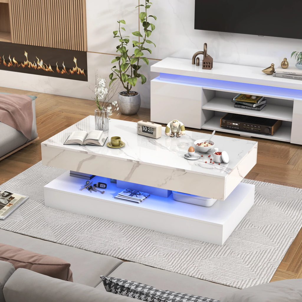 LED Coffee Table with 2 Storage Drawers — 20-Color RGB, Double-Layer, High Gloss Black