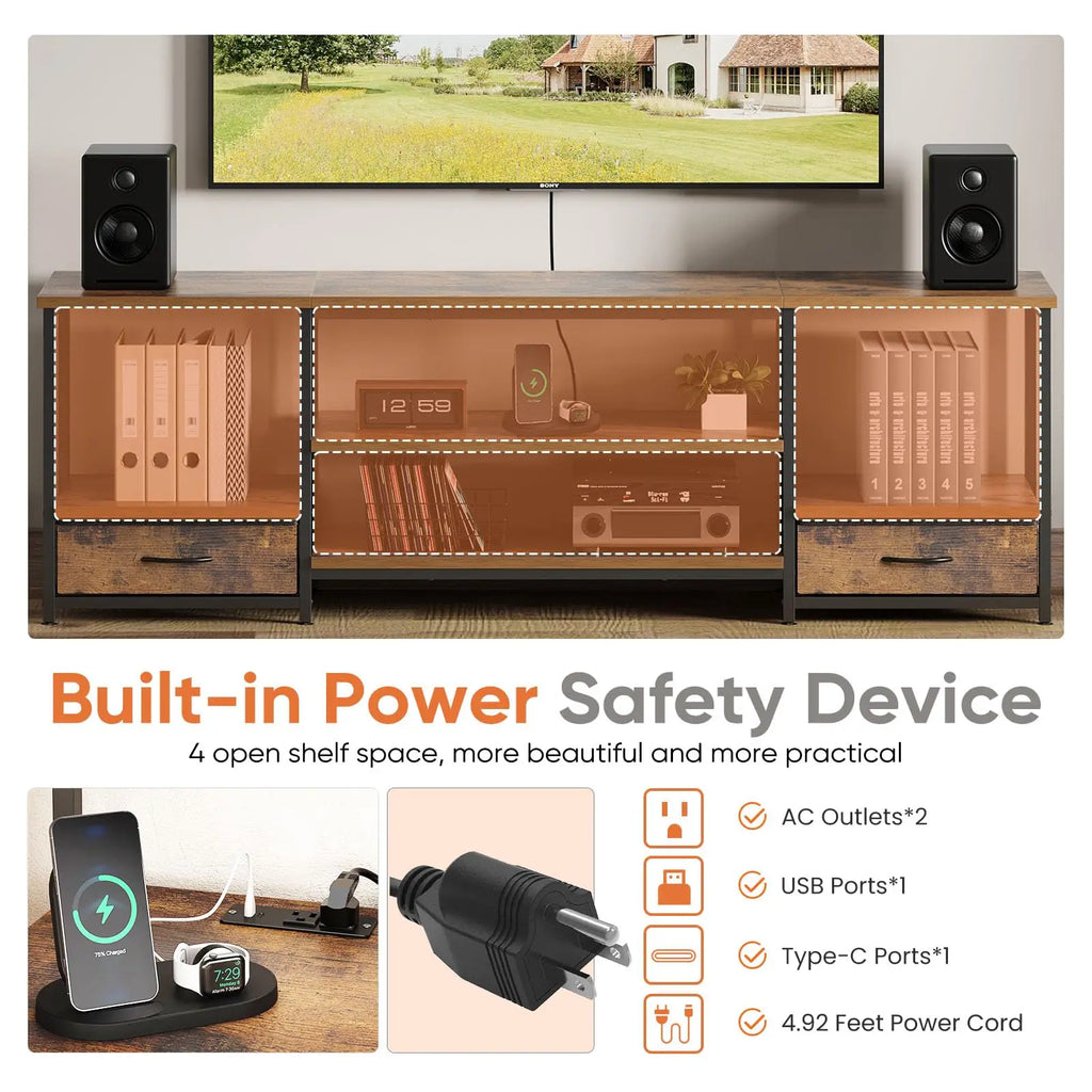 63" TV Stand for Up to 75" TVs — Entertainment Center with Power Outlets, USB, Adjustable Shelf & Storage