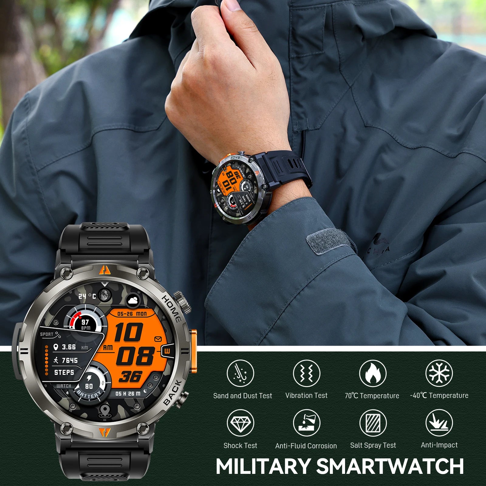 EIGIIS KE3 Smart Watch — Bluetooth Calls, LED Flashlight & Health Monitor