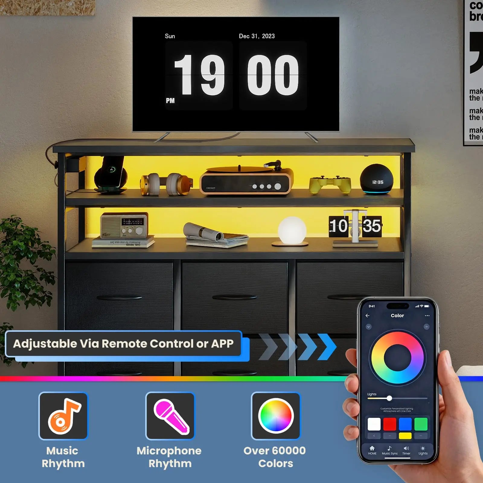 JHK TV Stand with 6 Fabric Drawers & LED Lights — Fits Up to 45" TV, Charging Station, Wood Top