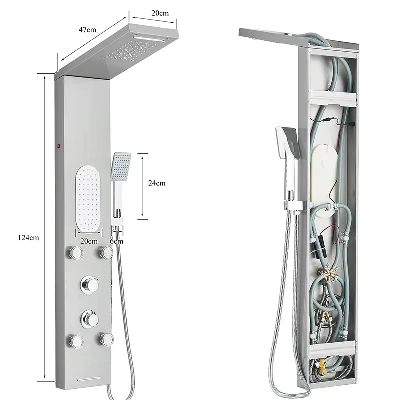 Black/Brushed Stainless Steel 5-function Waterfall Rain Shower Panel with Massage System Tub Spout and Handshower Shower Column