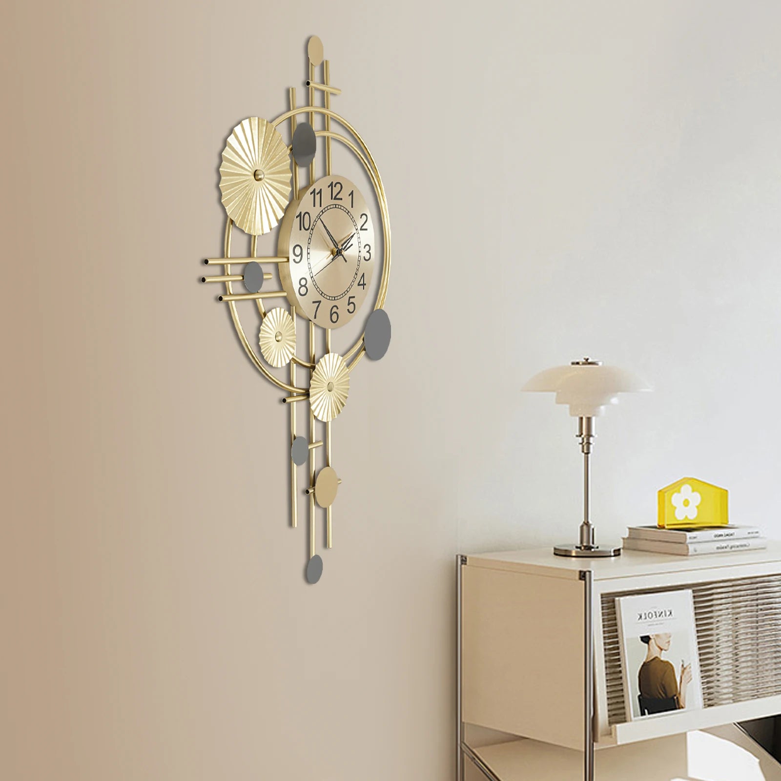 Large Gold Decorative Wall Clock — 17.7" × 30.7", Silent Sweep Movement, Modern Iron Art for Living Room & Bedroom