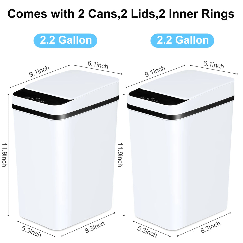 2 Pack 12L Touchless Motion Sensor Trash Cans with Lid — Slim Bathroom Design
