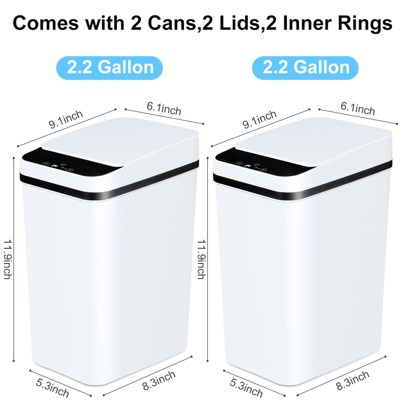 2 Pack 12L Touchless Motion Sensor Trash Cans with Lid — Slim Bathroom Design