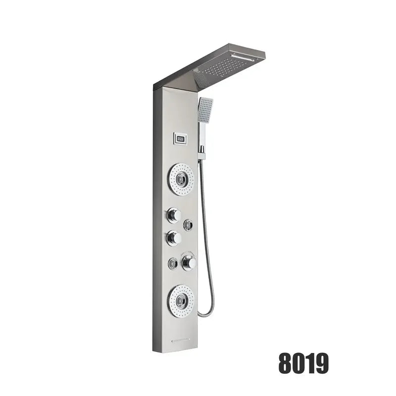 Black/Brushed Stainless Steel 5-function Waterfall Rain Shower Panel with Massage System Tub Spout and Handshower Shower Column