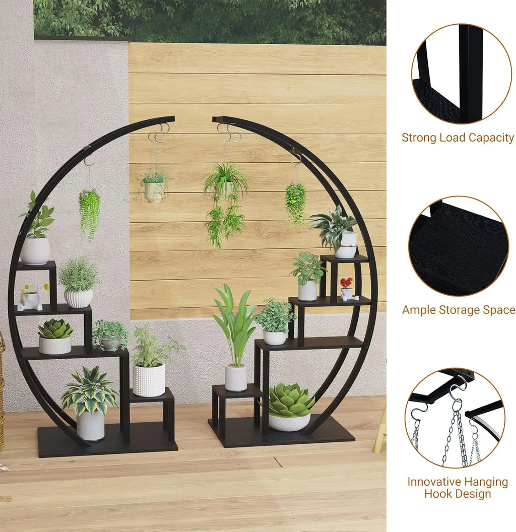 TWISTER.CK 5-Tier Half Moon Plant Stand – Set of 2, Metal & MDF Indoor Flower Shelf Rack for Home, Patio & Living Room