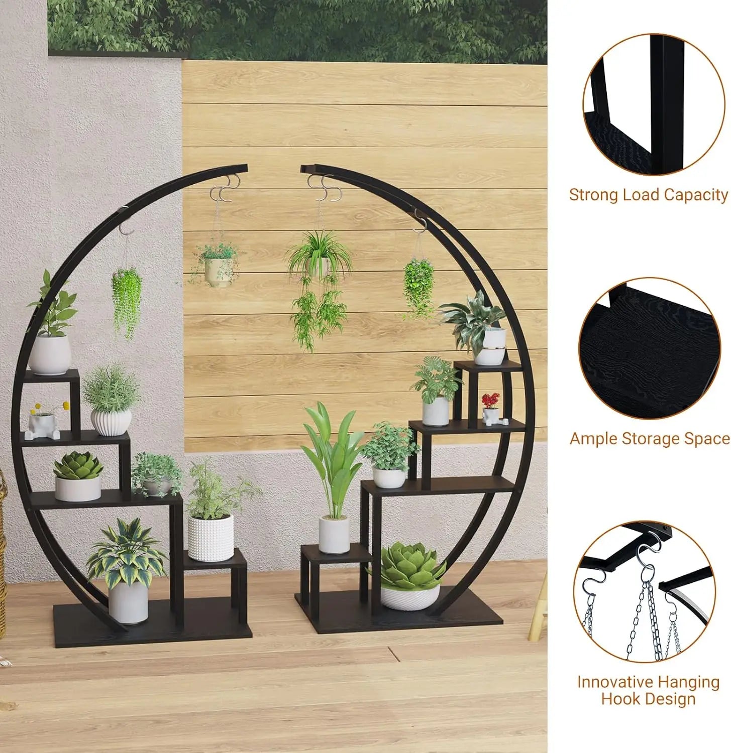 TWISTER.CK 5-Tier Half Moon Plant Stand – Set of 2, Metal & MDF Indoor Flower Shelf Rack for Home, Patio & Living Room