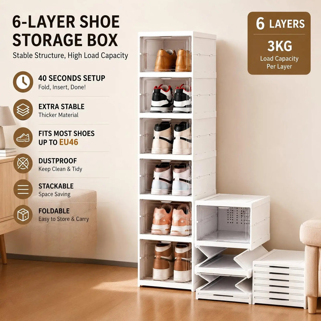 6-Layer Foldable Transparent Shoe Storage Box – Stackable, Dustproof & Ventilated Organiser