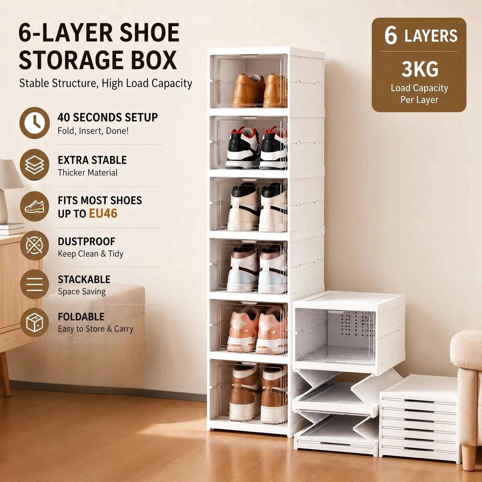 6-Layer Foldable Transparent Shoe Storage Box – Stackable, Dustproof & Ventilated Organiser