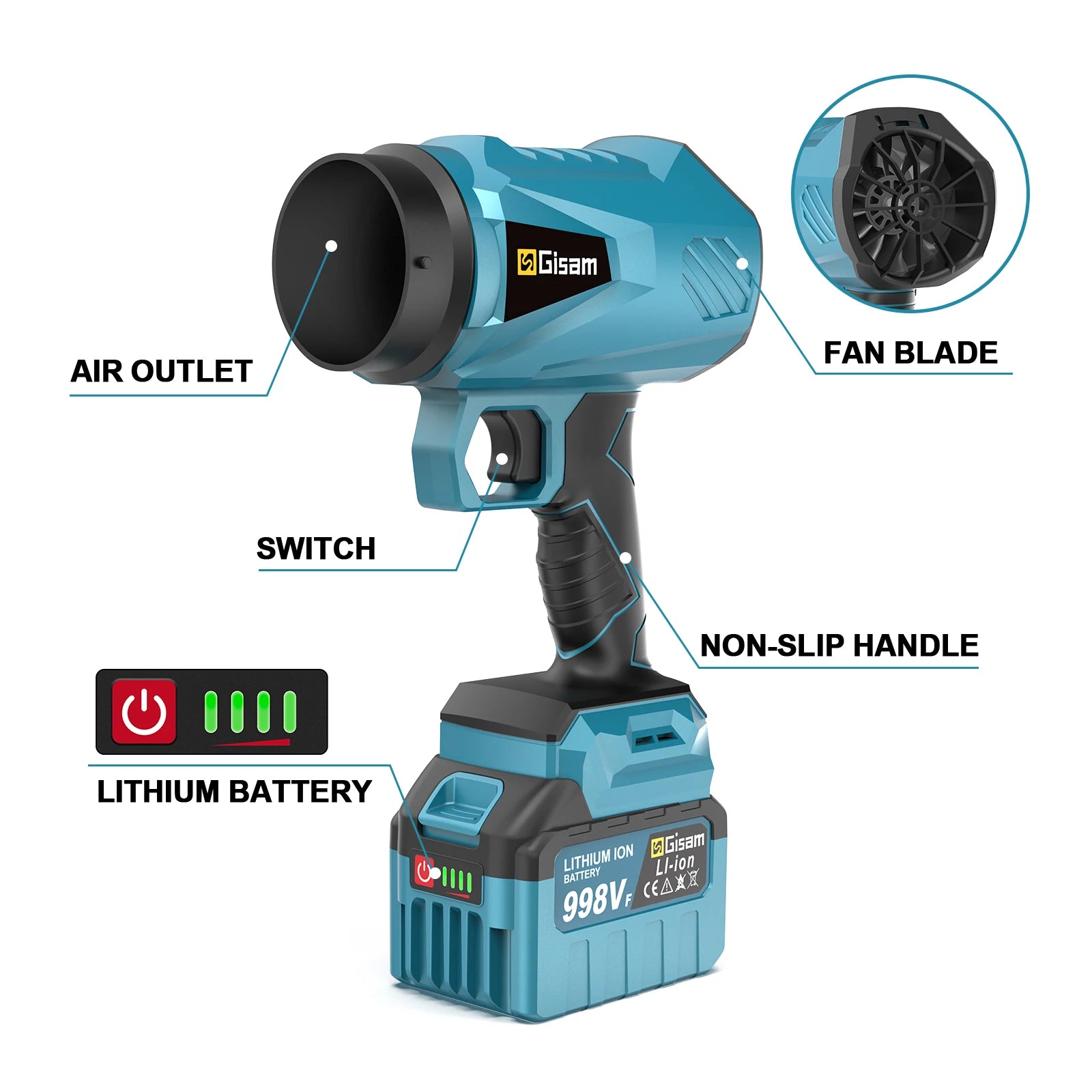 Gisam 200M/S Brushless  Leaf Blower 150000RPM Handheld Electric Turbo Blowers Jet Fan Dust Blowing for Makita 18V Battery Pins