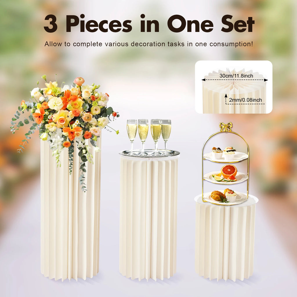 3PCS Wedding Party Flower Stand Cylinder Foldable Cardboard Centerpiece Dessert Table Columns Display Stand 40+60+80cm